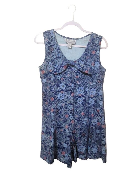 Justin Allen Pants - Vtg 90s Justin Allen Blue Red Floral Sleeveless Romper Bow Buttons Size M Cotton